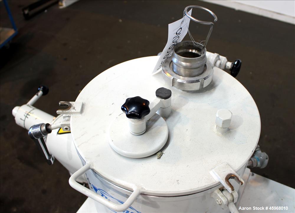 Used Diosna High Intensive Mixer, Type R25, 304 Stainless Steel. 25 Liter (0.88 cubic feet) capacity. 13-3/8" Diameter x 12-1/2" deep jacketed bowl with hinged top cover and 4 tier blade. Driven by 1...
