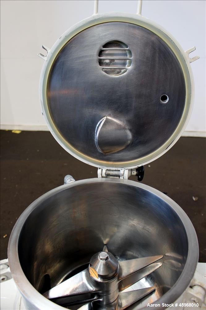 Used Diosna High Intensive Mixer, Type R25, 304 Stainless Steel. 25 Liter (0.88 cubic feet) capacity. 13-3/8" Diameter x 12-1/2" deep jacketed bowl with hinged top cover and 4 tier blade. Driven by 1...