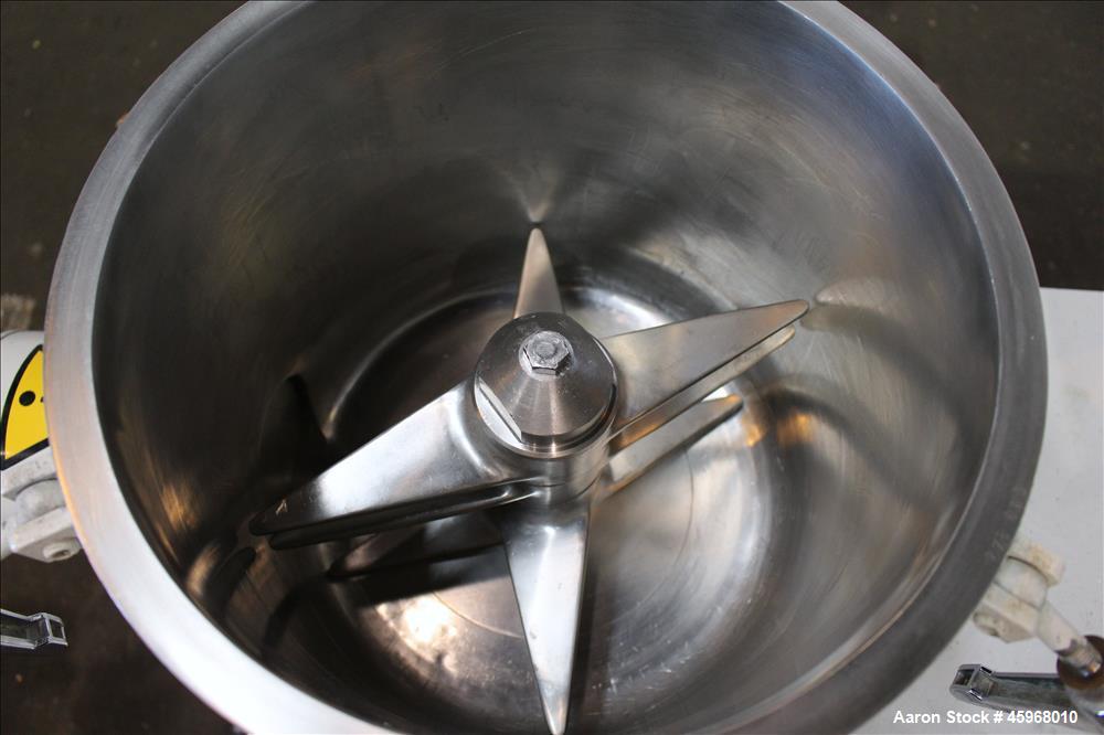 Used Diosna High Intensive Mixer, Type R25, 304 Stainless Steel. 25 Liter (0.88 cubic feet) capacity. 13-3/8" Diameter x 12-1/2" deep jacketed bowl with hinged top cover and 4 tier blade. Driven by 1...