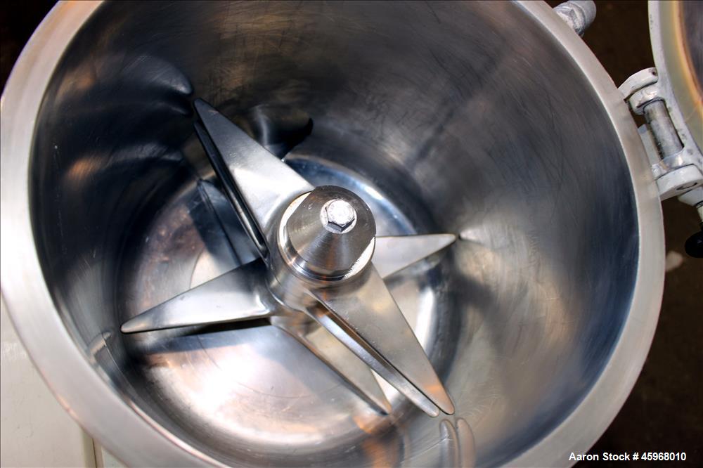 Used Diosna High Intensive Mixer, Type R25, 304 Stainless Steel. 25 Liter (0.88 cubic feet) capacity. 13-3/8" Diameter x 12-1/2" deep jacketed bowl with hinged top cover and 4 tier blade. Driven by 1...