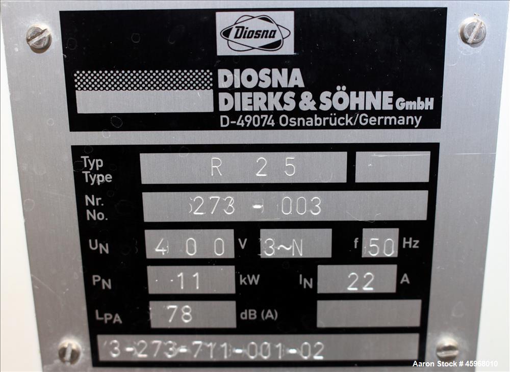 Used Diosna High Intensive Mixer, Type R25, 304 Stainless Steel. 25 Liter (0.88 cubic feet) capacity. 13-3/8" Diameter x 12-1/2" deep jacketed bowl with hinged top cover and 4 tier blade. Driven by 1...