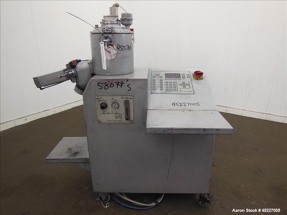 Used Henschel Model FM-10 Mixer, fluidizing mixer. Bowl is 9 1/2" diameter x 9" deep, 316 stainless steel, blades are 304 stainless steel. Total capacity 9 L, mixer speed 600 to 4000 rpm driven by a ...