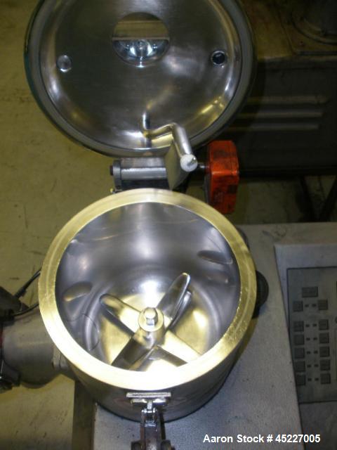 Used Henschel Model FM-10 Mixer, fluidizing mixer. Bowl is 9 1/2" diameter x 9" deep, 316 stainless steel, blades are 304 stainless steel. Total capacity 9 L, mixer speed 600 to 4000 rpm driven by a ...