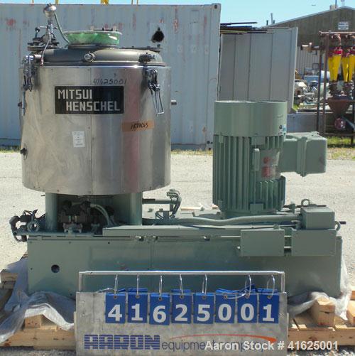 Used MitsuiMiike Machinery Henschel High Intensity Mixer, Model FM-300J/1, 300 Liter Capacity, Chrome Construction. 31-1/2" diameter x 26" deep, jacketed bowl. Swing away top cover with baffle, 2 tie...