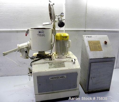 Used Henschel High Intensity Mixer, Model FM 40D, 321 Stainless Steel.32 Liter (1.1 Cubic Feet) Working Capacity ( 40 liter/1.4 cubic feet total). Carbon steel jacketed bowl, 15" diameter x 14" deep,...