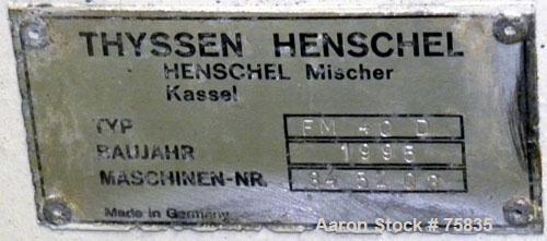 Used Henschel High Intensity Mixer, Model FM 40D, 321 Stainless Steel.32 Liter (1.1 Cubic Feet) Working Capacity ( 40 liter/1.4 cubic feet total). Carbon steel jacketed bowl, 15" diameter x 14" deep,...