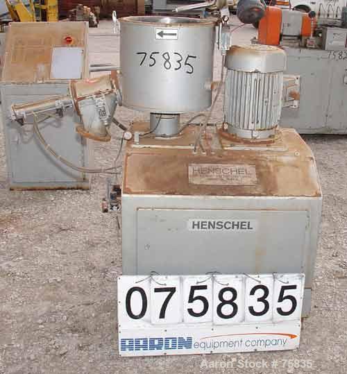 Used Henschel High Intensity Mixer, Model FM 40D, 321 Stainless Steel.32 Liter (1.1 Cubic Feet) Working Capacity ( 40 liter/1.4 cubic feet total). Carbon steel jacketed bowl, 15" diameter x 14" deep,...
