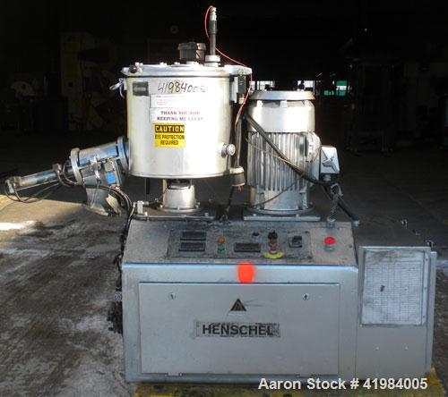 Used Henschel High Intensity Mixer, model FM 40, 304 stainless steel. 32 Liter (1.1 cubic feet) working capacity (40 liter/1.4 cubic feet total). Carbon steel jacketed bowl, 15" diameter x 14" deep, ...