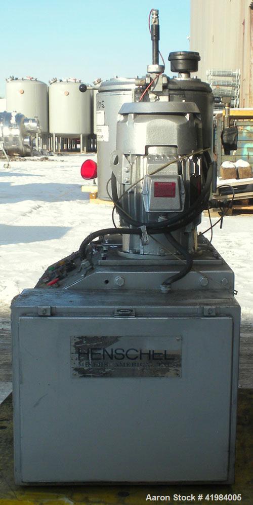 Used Henschel High Intensity Mixer, model FM 40, 304 stainless steel. 32 Liter (1.1 cubic feet) working capacity (40 liter/1.4 cubic feet total). Carbon steel jacketed bowl, 15" diameter x 14" deep, ...
