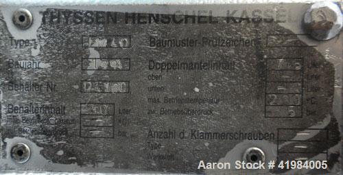 Used Henschel High Intensity Mixer, model FM 40, 304 stainless steel. 32 Liter (1.1 cubic feet) working capacity (40 liter/1.4 cubic feet total). Carbon steel jacketed bowl, 15" diameter x 14" deep, ...