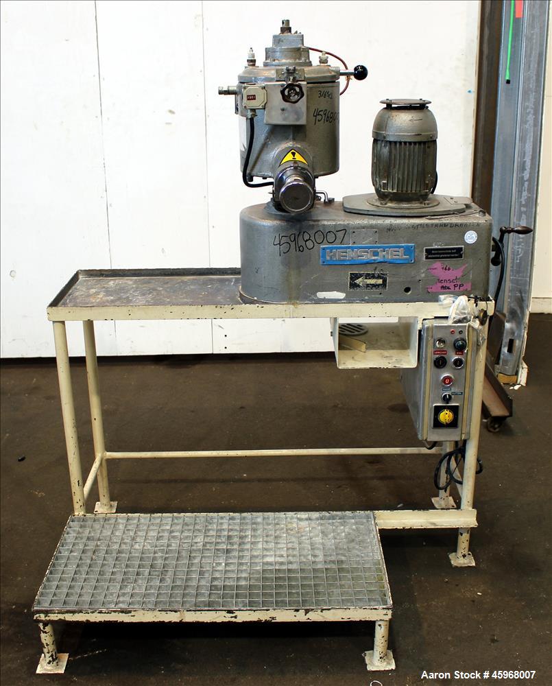 Used Henschel High Intensive Lab Mixer, Model FM 10L, 10 Liter (.35 cubic feet) Capacity, 316 Stainless Steel. Carbon steel jacketed bowl 9" diameter x 9" deep. Hinged top cover with baffle, 2 tier b...