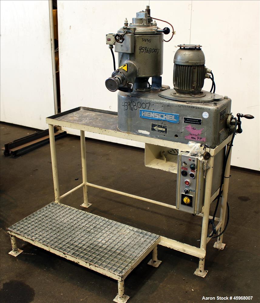 Used Henschel High Intensive Lab Mixer, Model FM 10L, 10 Liter (.35 cubic feet) Capacity, 316 Stainless Steel. Carbon steel jacketed bowl 9" diameter x 9" deep. Hinged top cover with baffle, 2 tier b...