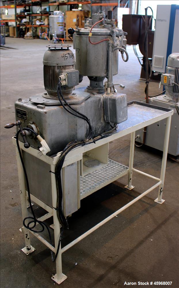 Used Henschel High Intensive Lab Mixer, Model FM 10L, 10 Liter (.35 cubic feet) Capacity, 316 Stainless Steel. Carbon steel jacketed bowl 9" diameter x 9" deep. Hinged top cover with baffle, 2 tier b...