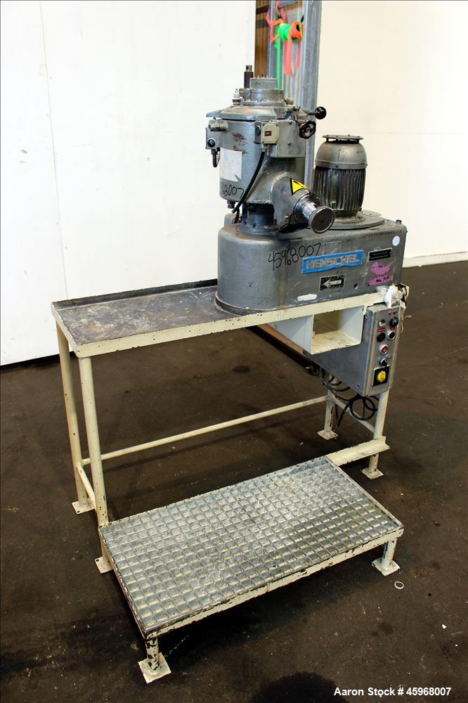 Used Henschel High Intensive Lab Mixer, Model FM 10L, 10 Liter (.35 cubic feet) Capacity, 316 Stainless Steel. Carbon steel jacketed bowl 9" diameter x 9" deep. Hinged top cover with baffle, 2 tier b...