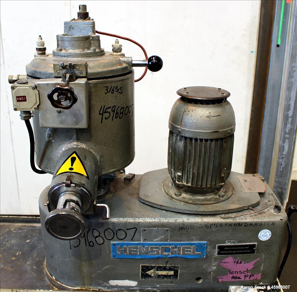 Used Henschel High Intensive Lab Mixer, Model FM 10L, 10 Liter (.35 cubic feet) Capacity, 316 Stainless Steel. Carbon steel jacketed bowl 9" diameter x 9" deep. Hinged top cover with baffle, 2 tier b...
