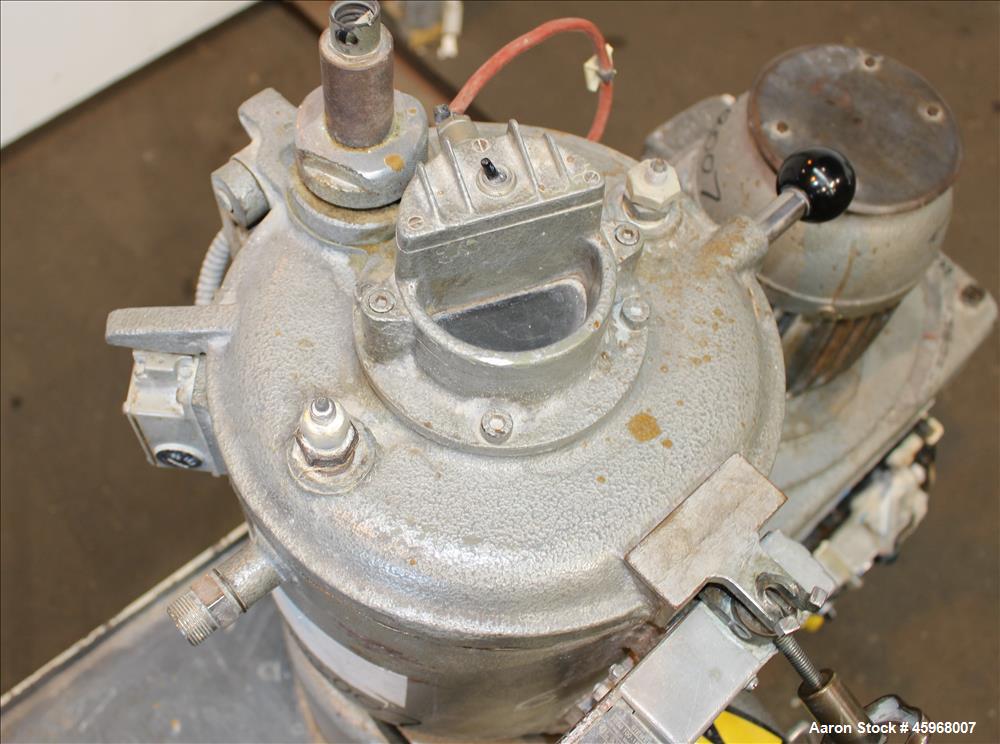 Used Henschel High Intensive Lab Mixer, Model FM 10L, 10 Liter (.35 cubic feet) Capacity, 316 Stainless Steel. Carbon steel jacketed bowl 9" diameter x 9" deep. Hinged top cover with baffle, 2 tier b...