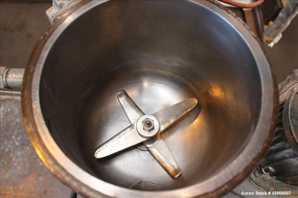 Used Henschel High Intensive Lab Mixer, Model FM 10L, 10 Liter (.35 cubic feet) Capacity, 316 Stainless Steel. Carbon steel jacketed bowl 9" diameter x 9" deep. Hinged top cover with baffle, 2 tier b...