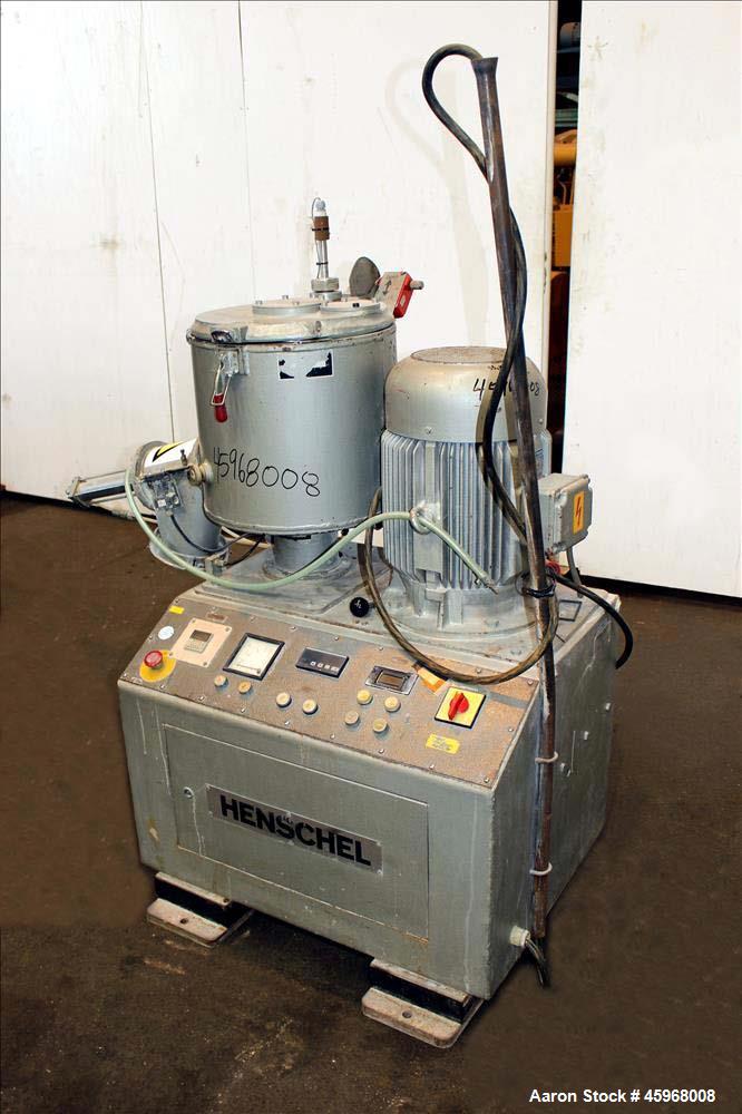 Used Henschel High Intensive Mixer, Model FM40D, 40 Liter (1.4 cubic feet) Capacity. Carbon steel jacket bowl 15" diameter x 14-1/4" deep 316 stainless steel contact parts. Hinged 304 stainless steel...