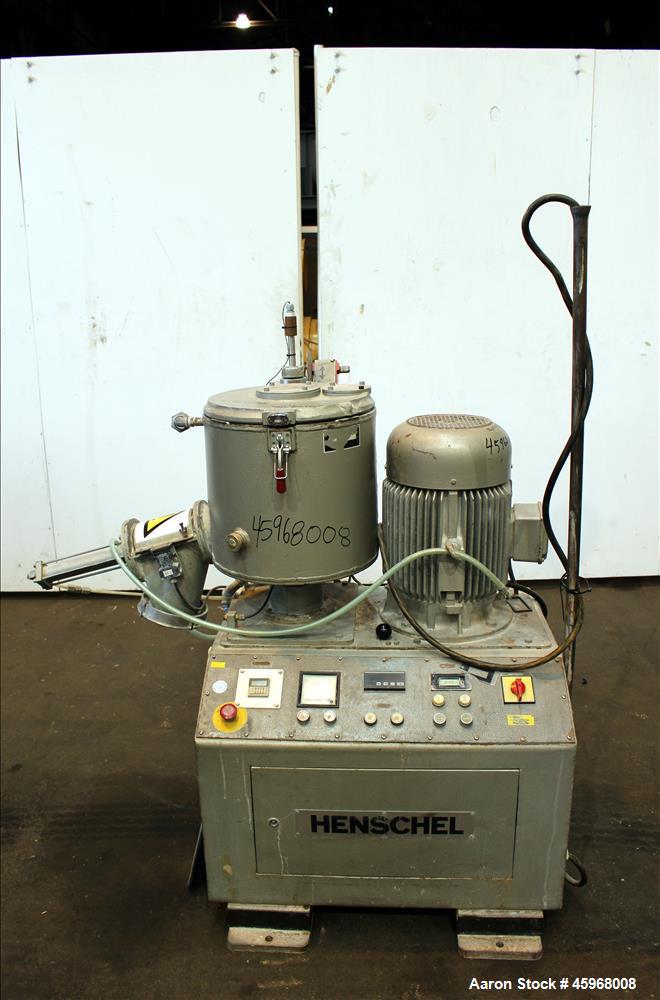 Used Henschel High Intensive Mixer, Model FM40D, 40 Liter (1.4 cubic feet) Capacity. Carbon steel jacket bowl 15" diameter x 14-1/4" deep 316 stainless steel contact parts. Hinged 304 stainless steel...