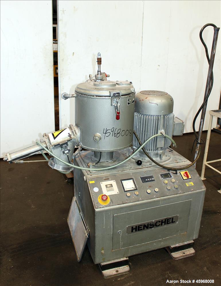 Used Henschel High Intensive Mixer, Model FM40D, 40 Liter (1.4 cubic feet) Capacity. Carbon steel jacket bowl 15" diameter x 14-1/4" deep 316 stainless steel contact parts. Hinged 304 stainless steel...