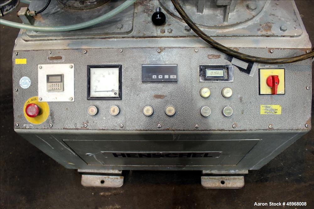 Used Henschel High Intensive Mixer, Model FM40D, 40 Liter (1.4 cubic feet) Capacity. Carbon steel jacket bowl 15" diameter x 14-1/4" deep 316 stainless steel contact parts. Hinged 304 stainless steel...