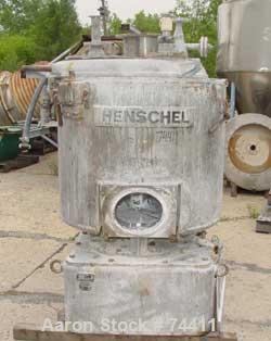 USED: Henschel high intensity mixer, model FM500D. 500 liter, 17.7 cubic feet, 316 stainless steel. Carbon steel jacketed bowl 36-1/2"  diameter x 31" deep. Hinged top cover with baffle, 2 tier blade...