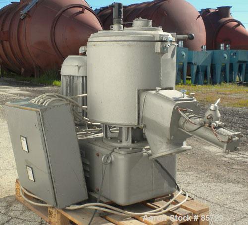 Used Henschel High Intensity Mixer, Model FM 75D. Approximate 75 Liter (2.6 Cubic Feet), 316 Stainless Steel. Carbon steel jacketed bowl 18-1/2" diameter x 17" deep. Hinged top cover with baffle, 2 t...