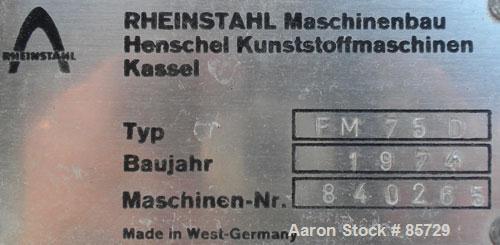 Used Henschel High Intensity Mixer, Model FM 75D. Approximate 75 Liter (2.6 Cubic Feet), 316 Stainless Steel. Carbon steel jacketed bowl 18-1/2" diameter x 17" deep. Hinged top cover with baffle, 2 t...