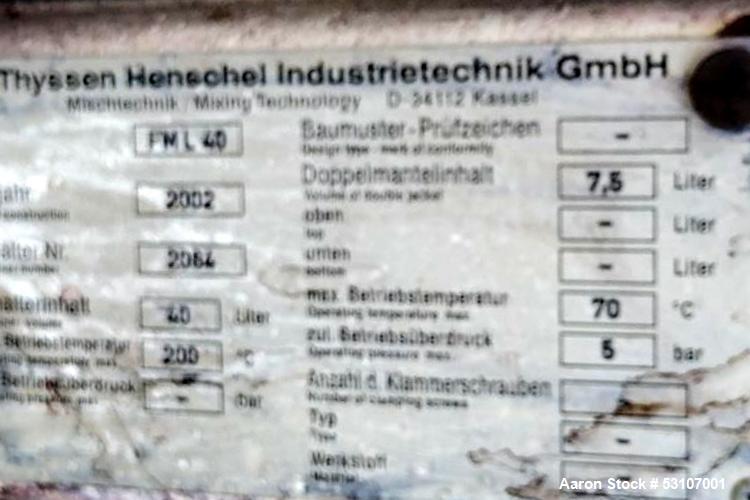 Used- Thyssen Henschel High Intensity Laboratory Mixer, Type FML 40. Capacity 40 Liter. Working capacity 32 liter. Stainless...
