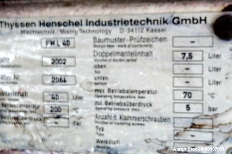 Used Thyssen Henschel High Intensity Laboratory Mixer, Type FML 40. Capacity 40 Liter. Working capacity 32 liter. Stainless steel jacketed bowl rated approximately 5 bar (72.5 psi) at 70 degrees C (1...