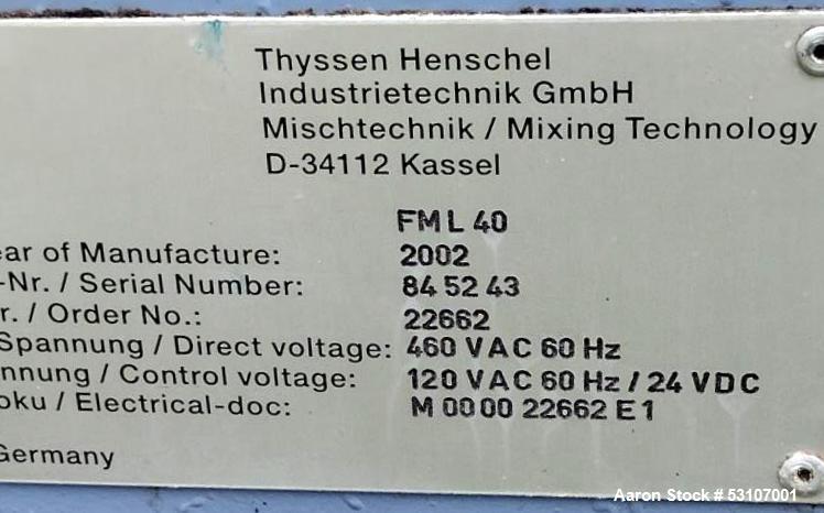 Used Thyssen Henschel High Intensity Laboratory Mixer, Type FML 40. Capacity 40 Liter. Working capacity 32 liter. Stainless steel jacketed bowl rated approximately 5 bar (72.5 psi) at 70 degrees C (1...