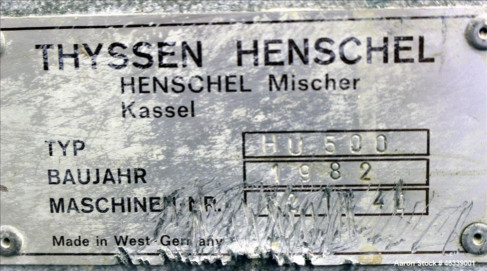 Used Henschel HU Series Medium Intensity Mixer, Model HU-500, 304 Stainless Steel. 500 Liter (17.5 cubic feet) total capacity, 400 liter (14 cubic feet) working, batch size 200 kilograms (440 pounds)...