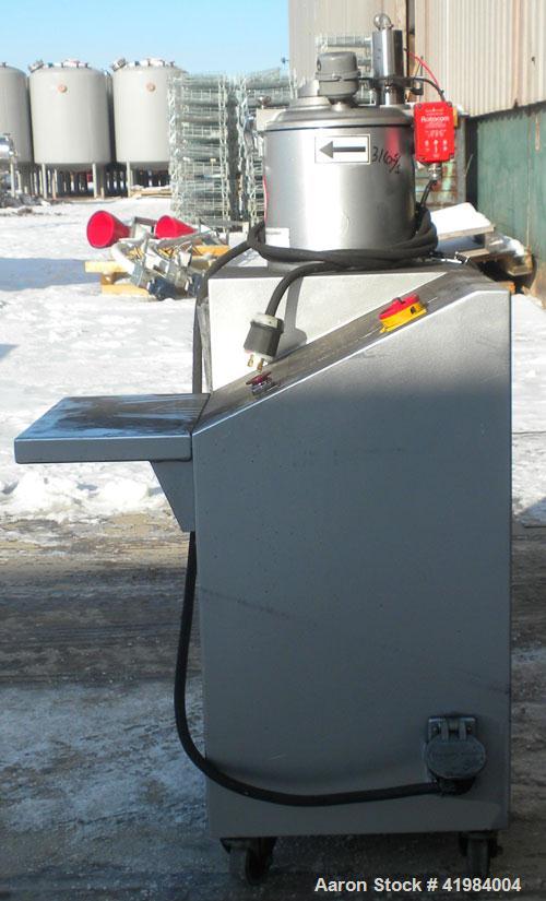 Used Henschel High Intensity Lab Mixer, model FM-10, 10 liter (.35 cubic feet) capacity, 316 stainless steel. Carbon steel jacketed bowl 9" diameter x 9" deep. Hinged top cover with baffle, 2 tier bl...