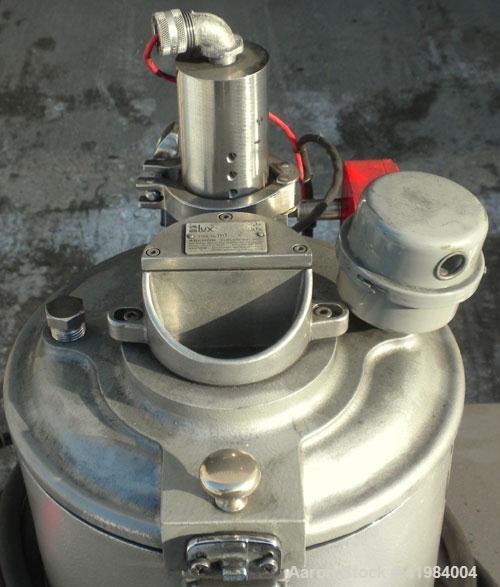Used Henschel High Intensity Lab Mixer, model FM-10, 10 liter (.35 cubic feet) capacity, 316 stainless steel. Carbon steel jacketed bowl 9" diameter x 9" deep. Hinged top cover with baffle, 2 tier bl...