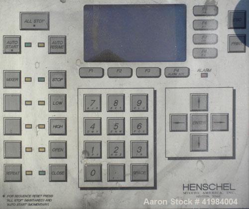 Used Henschel High Intensity Lab Mixer, model FM-10, 10 liter (.35 cubic feet) capacity, 316 stainless steel. Carbon steel jacketed bowl 9" diameter x 9" deep. Hinged top cover with baffle, 2 tier bl...
