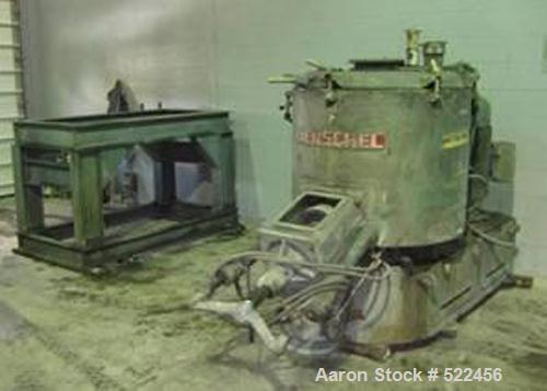 USED: Henschel 500 liter high intensity mixer, model FM500B.Stainless steel contact parts, jacketed bowl, 100/75 hp 2 speedmotor, swing away top cover with baffle, flush mount pneumaticdischarge valv...