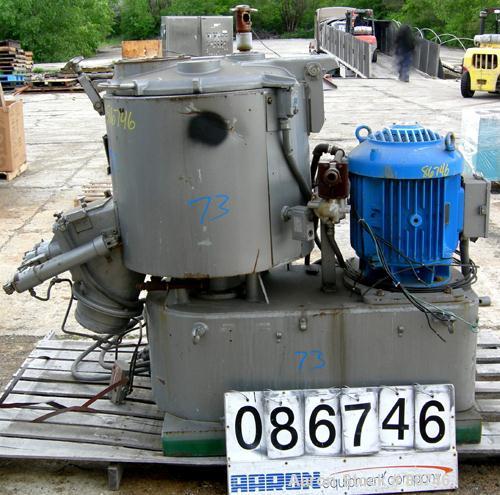 USED: Prodex Henschel High Intensity Mixer, approximate 150 liter, 5 cubic feet, 316 stainless steel. Carbon steel jacketed bowl 23-1/2" diameter x 22" deep. Hinged top cover with baffle, 3 tier blad...
