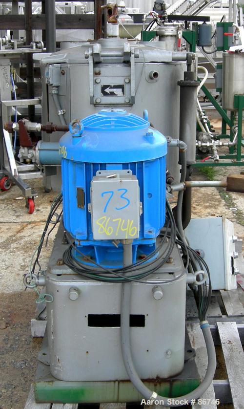 USED: Prodex Henschel High Intensity Mixer, approximate 150 liter, 5 cubic feet, 316 stainless steel. Carbon steel jacketed bowl 23-1/2" diameter x 22" deep. Hinged top cover with baffle, 3 tier blad...