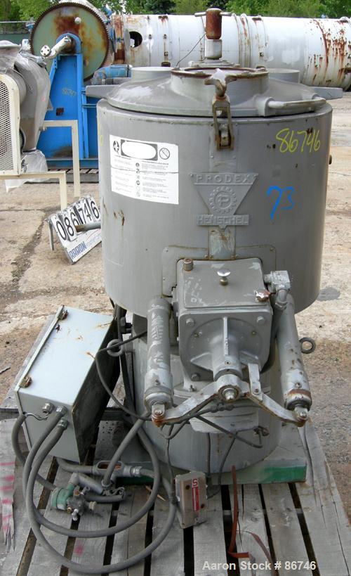 USED: Prodex Henschel High Intensity Mixer, approximate 150 liter, 5 cubic feet, 316 stainless steel. Carbon steel jacketed bowl 23-1/2" diameter x 22" deep. Hinged top cover with baffle, 3 tier blad...