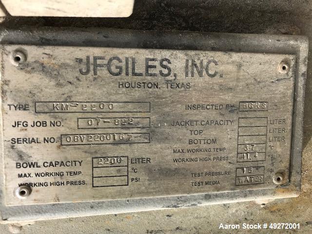 Used JF Glies Cooler, High Intensity Mixer, Model KM-2200, 2200 Liter. Stainless steel. Jacketed. 22kw motor. Includes discharge valve.