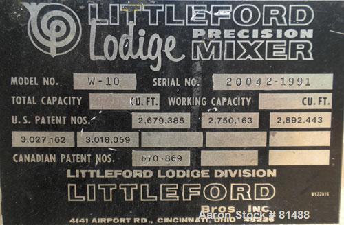 Used Littleford/Lodige High Intensity Lab Mixer, Model W-10, 316 Stainless Steel. 7 liter (.25 cubic feet) working capacity. Carbon steel jacketed bowl 9" diameter x 8- 1/2" deep rated 44 psi at 271 ...