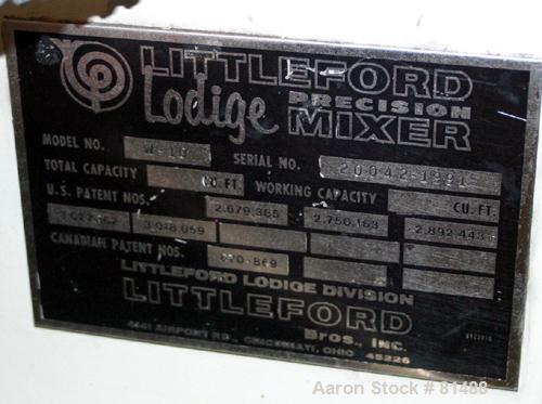 Used Littleford/Lodige High Intensity Lab Mixer, Model W-10, 316 Stainless Steel. 7 liter (.25 cubic feet) working capacity. Carbon steel jacketed bowl 9" diameter x 8- 1/2" deep rated 44 psi at 271 ...