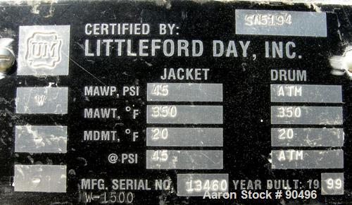 Used Littleford High Intensity Mixer, Model W-1500, 32 Cubic Feet Working Volume (51 Total), 304 Stainless Steel. 47-1/2'' diameter x 56'' deep carbon steel jacketed bowl. Swing away top cover with b...