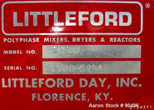 Used Littleford High Intensity Mixer, Model W-1500, 32 Cubic Feet Working Volume (51 Total), 304 Stainless Steel. 47-1/2'' diameter x 56'' deep carbon steel jacketed bowl. Swing away top cover with b...
