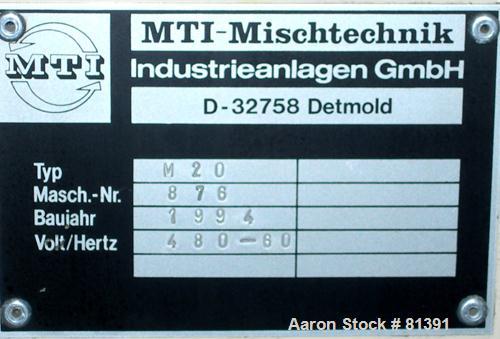 USED: MTI laboratory high intensity mixer, type M20. Material ofconstruction is AISI 321 (1.4541) stainless steel on product contactparts. Total capacity 0.70 cu ft (20 liter); working capacity 0.56c...