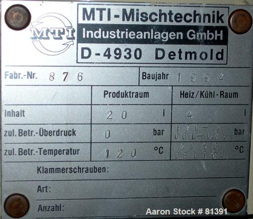 USED: MTI laboratory high intensity mixer, type M20. Material ofconstruction is AISI 321 (1.4541) stainless steel on product contactparts. Total capacity 0.70 cu ft (20 liter); working capacity 0.56c...