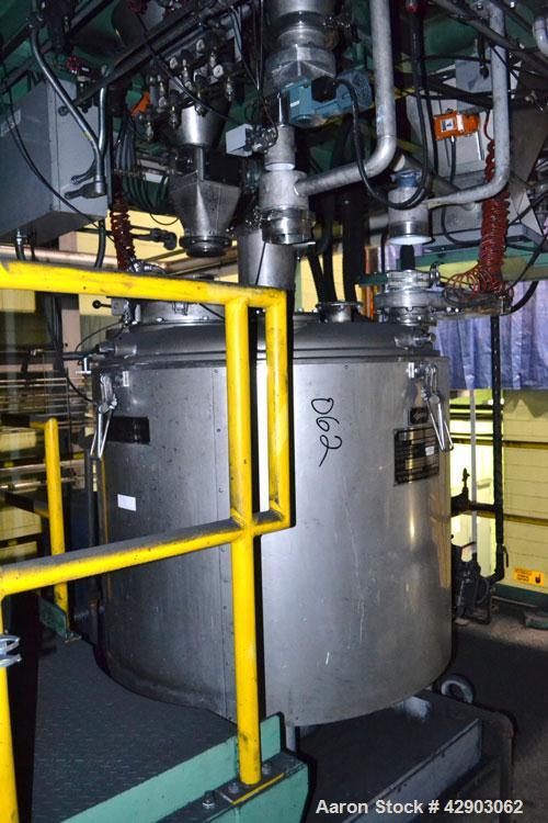 Used Mitsui Miike High Intensity Mixer, Model FM1000J, 1000 Liter (35.3 Cubic Feet), Stainless Steel. Jacketed bowl 48" diameter x 36" deep. Swing away top cover with baffle, 2 tier bottom blade. Sid...