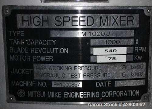 Used Mitsui Miike High Intensity Mixer, Model FM1000J, 1000 Liter (35.3 Cubic Feet), Stainless Steel. Jacketed bowl 48" diameter x 36" deep. Swing away top cover with baffle, 2 tier bottom blade. Sid...