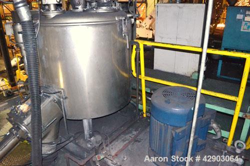 Used Mitsui Miike High Intensity Mixer, Model FM1000J, 1000 Liter (35.3 Cubic Feet), Stainless Steel. Jacketed bowl 48" diameter x 36" deep. Swing away top cover with baffle, 2 tier bottom blade. Sid...