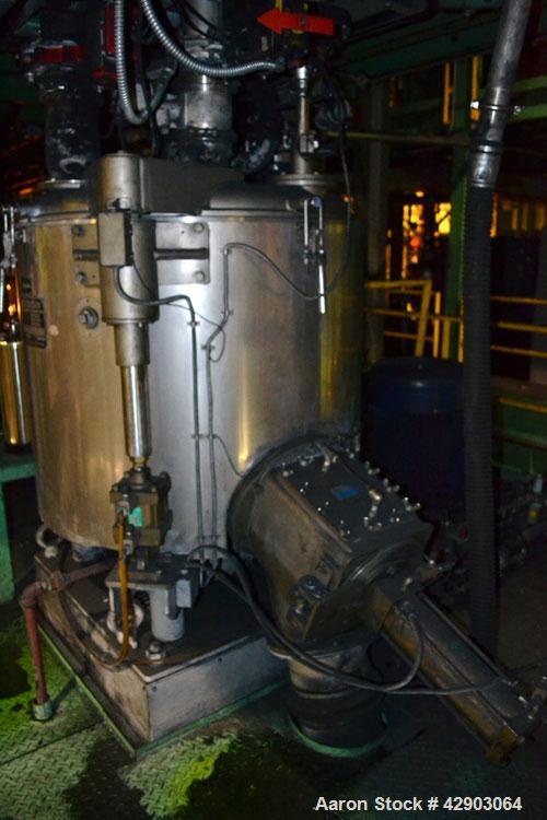 Used Mitsui Miike High Intensity Mixer, Model FM1000J, 1000 Liter (35.3 Cubic Feet), Stainless Steel. Jacketed bowl 48" diameter x 36" deep. Swing away top cover with baffle, 2 tier bottom blade. Sid...